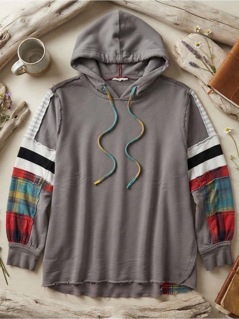 easel Gray Hooded Pullover with Plaid Sleeve Panels